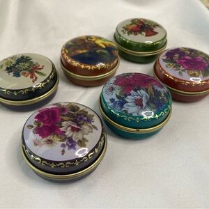 Vintage Cherub And Floral Tin Pill Boxes. Six Unique Trinket Pill Box